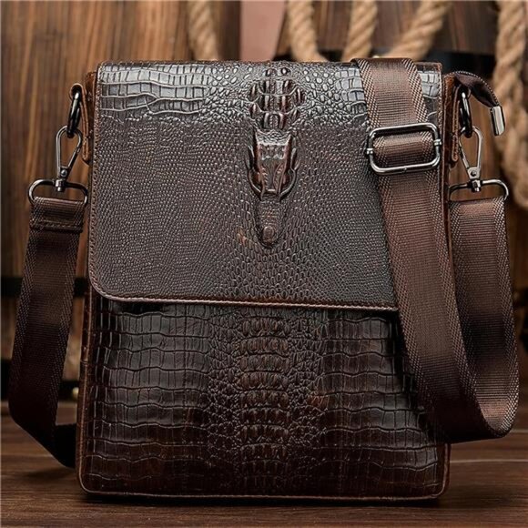 Leather Flap Messenger Bag for Men Small Crossbody Shoulder Bag,Crocodile Emboss - Picture 6 of 7
